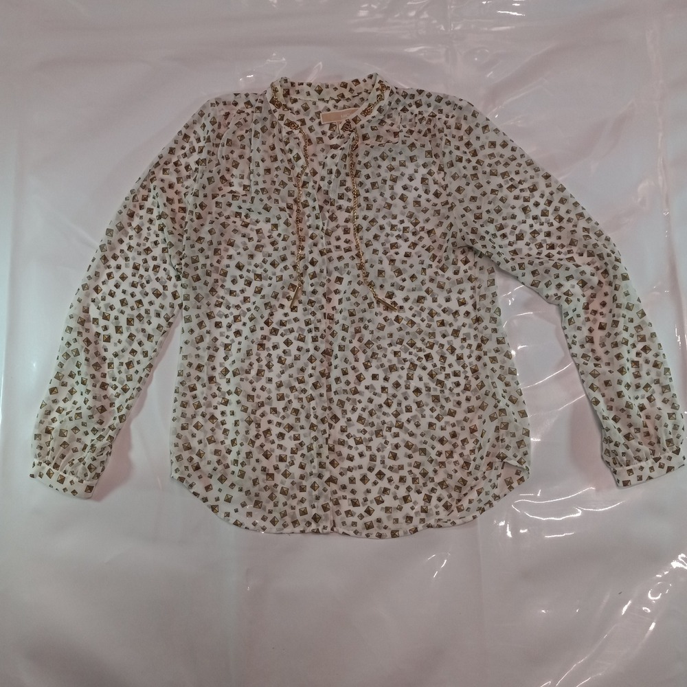 Michael Michael Kors Womens Gold Stud Print Chain Neck Blouse White Medium